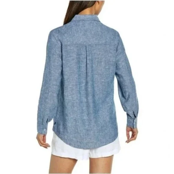 Gap 100% Linen Chambray Boyfriend Shirt Size Large L - Picture 2 of 6
